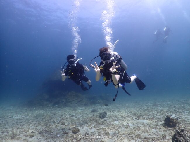 青い海の中で2人のダイバーがピースをしています