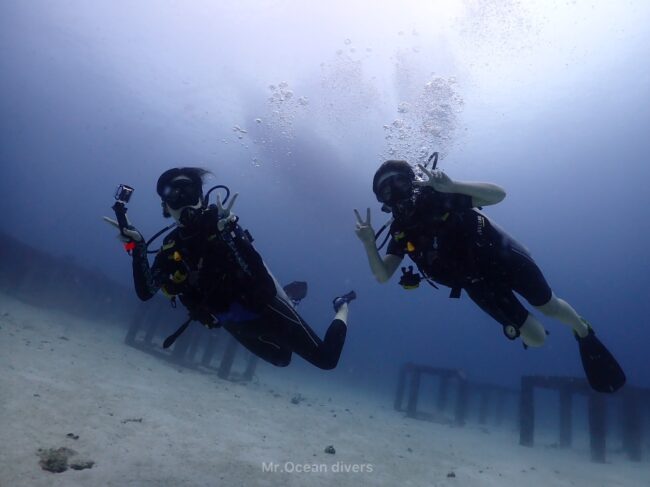 2人のダイバーの後ろに魚礁ブロックがいくつか見えます
