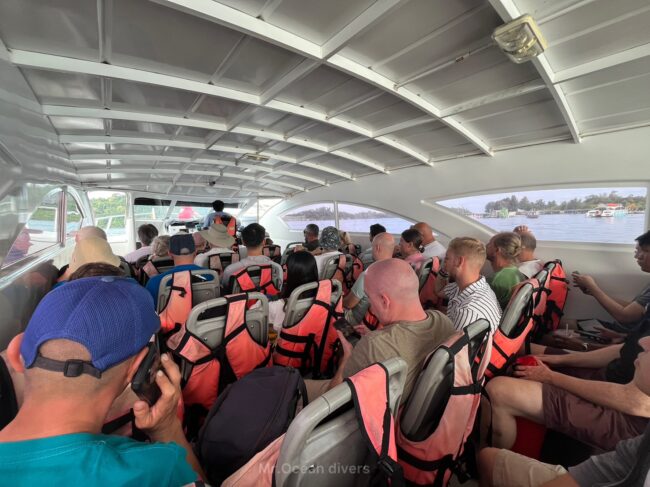 スピードボートに乗船している人々が見えます