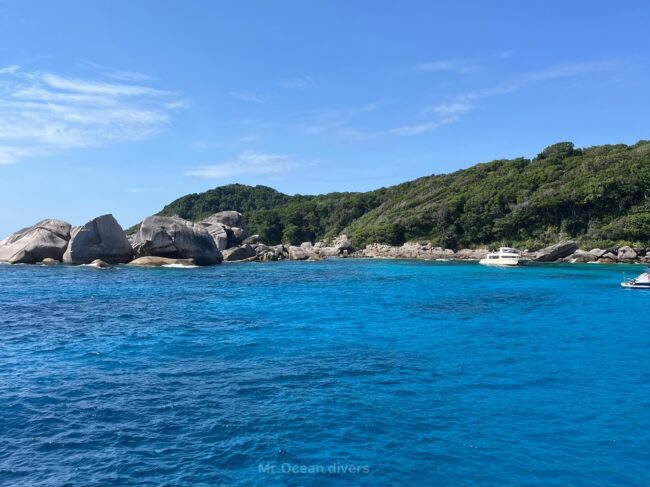 青い空と海、木々が生い茂った山が見えます’