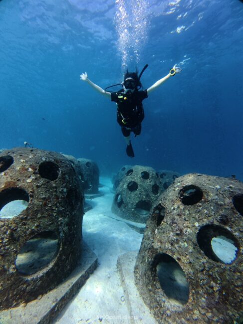 サンゴ育成の魚礁の上でバンザイをしているダイバーが見えます