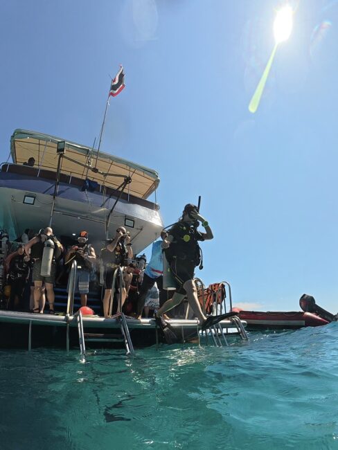 船の後方から海に向かってエントリーするダイバーが見えます