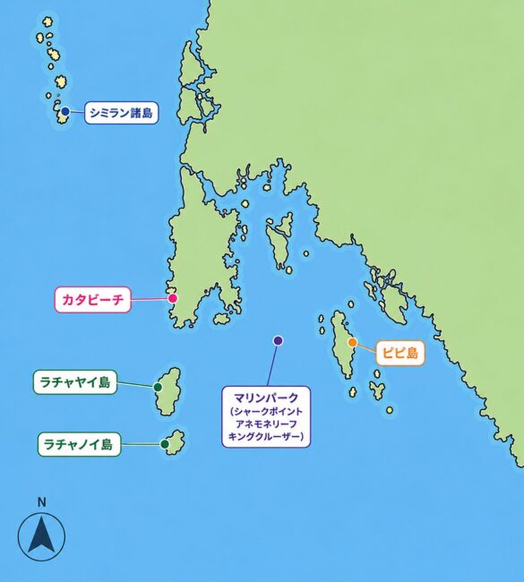 プーケット周辺のダイビングポイントマップ。カタビーチ、ラチャヤイ島、ラチャノイ島、ピピ島、マリンパーク、シミラン諸島の位置関係