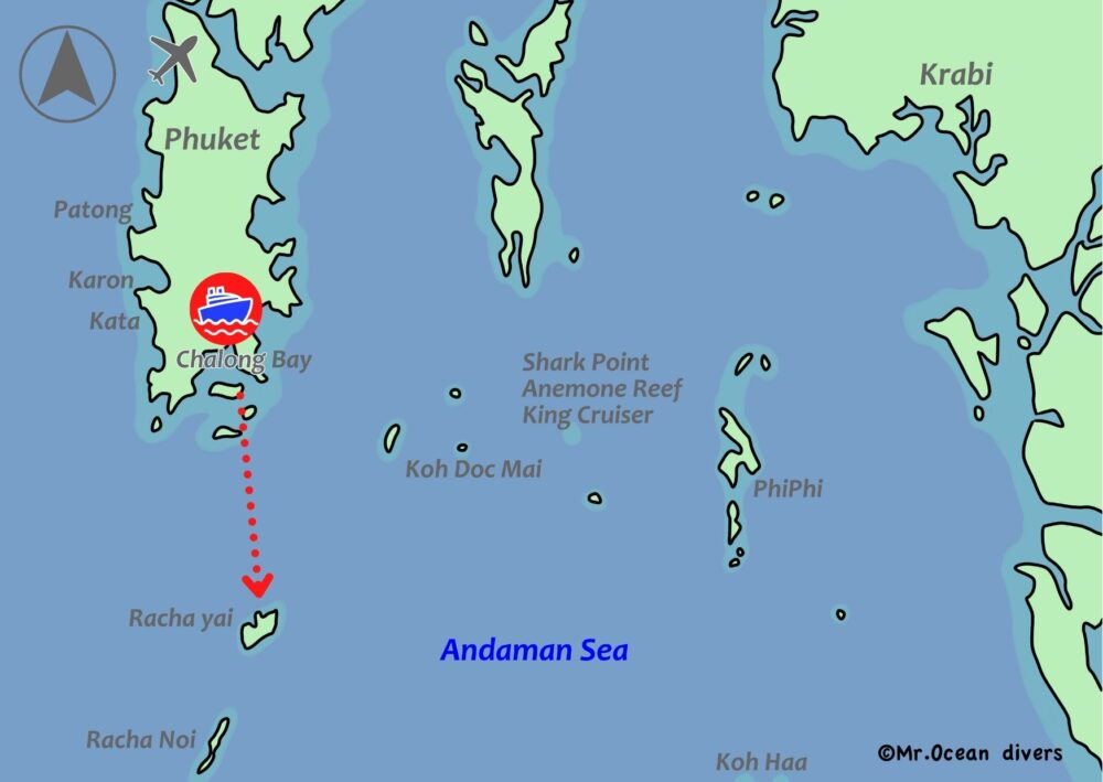 プーケットのチャロン港とラチャヤイ島までの位置関係の地図です